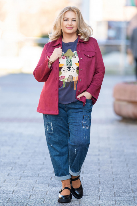 МАКСИ пролетно велурено яке тип риза в тъмнорозово