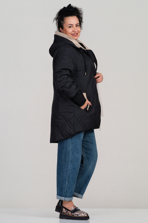 МАКСИ яке в черно с удължена кройка, качулка и бежови акценти