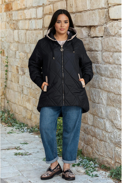 МАКСИ яке в черно с удължена кройка, качулка и бежови акценти