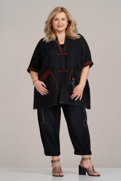 МАКСИ яке в сив деним с големи джобове и контрастни кантове