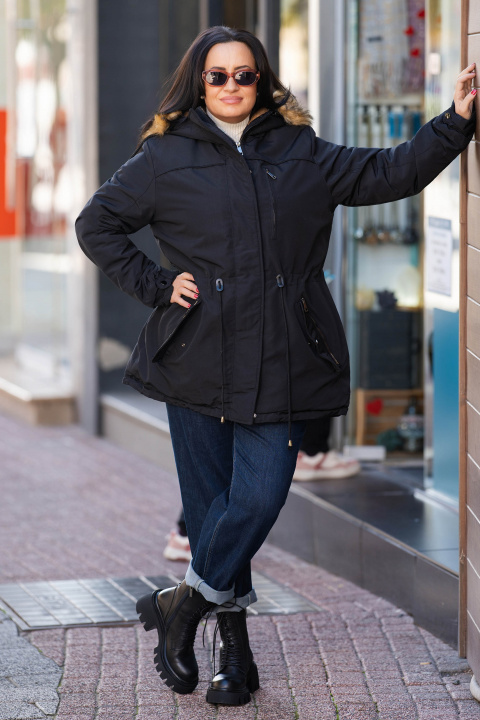 МАКСИ зимно яке тип парка в черно с качулка и топла подплата