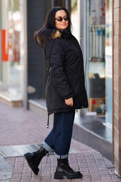МАКСИ зимно яке тип парка в черно с качулка и топла подплата