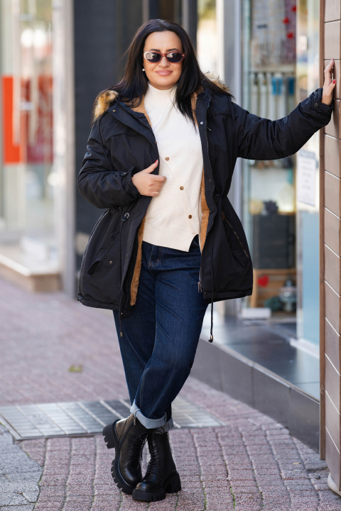 МАКСИ зимно яке тип парка в черно с качулка и топла подплата