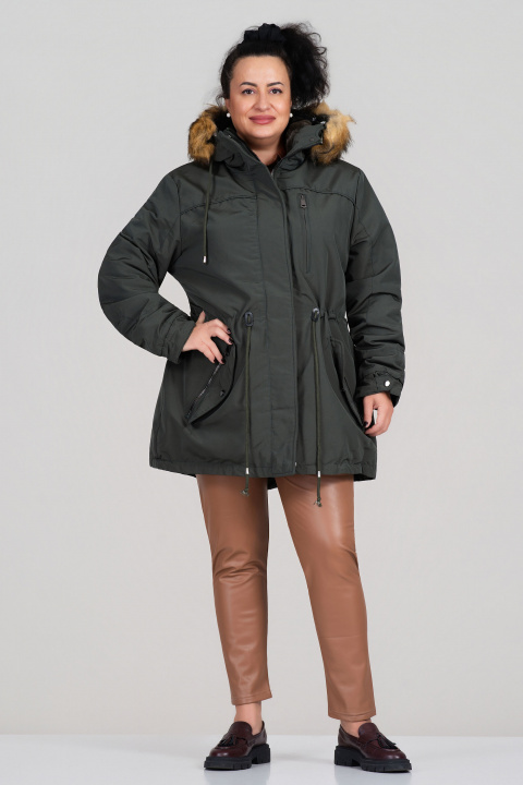 МАКСИ зимно яке тип парка в цвят милитъри с качулка и топла подплата