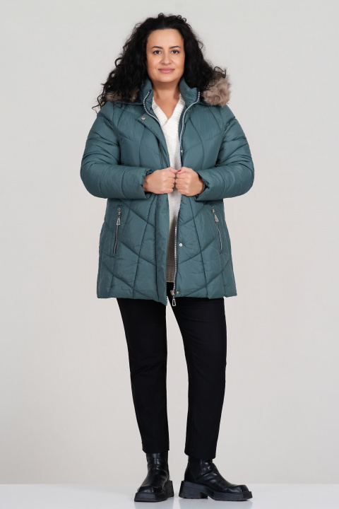 МАКСИ зимно яке в цвят петрол с качулка със свалящ се пух
