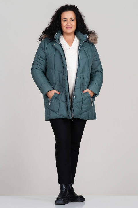 МАКСИ зимно яке в цвят петрол с качулка със свалящ се пух