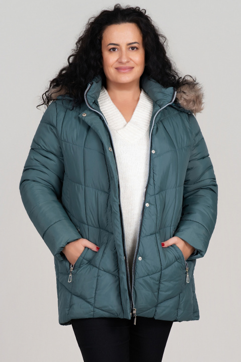 МАКСИ зимно яке в цвят петрол с качулка със свалящ се пух