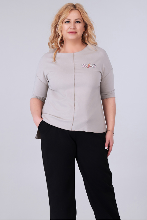 МАКСИ блуза от релефна материя в цвят визон с щампа на птиче на клонка