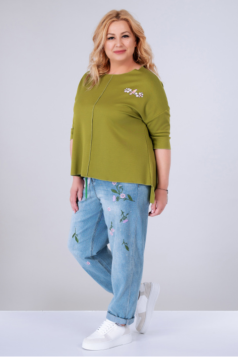 МАСКИ блуза от релефна материя в грахово зелено с щампа птичка на клонка