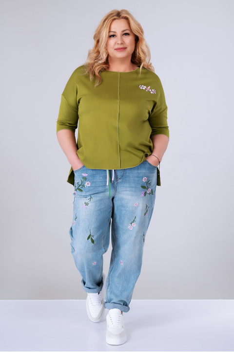 МАСКИ блуза от релефна материя в грахово зелено с щампа птичка на клонка