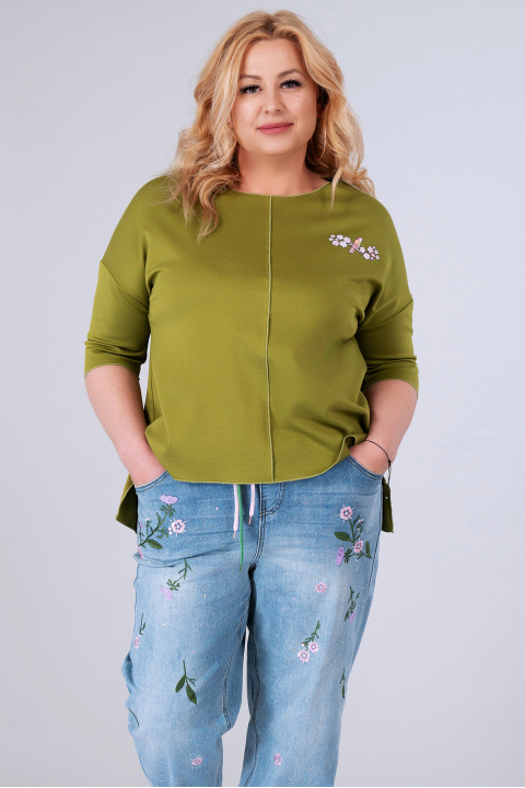 МАСКИ блуза от релефна материя в грахово зелено с щампа птичка на клонка