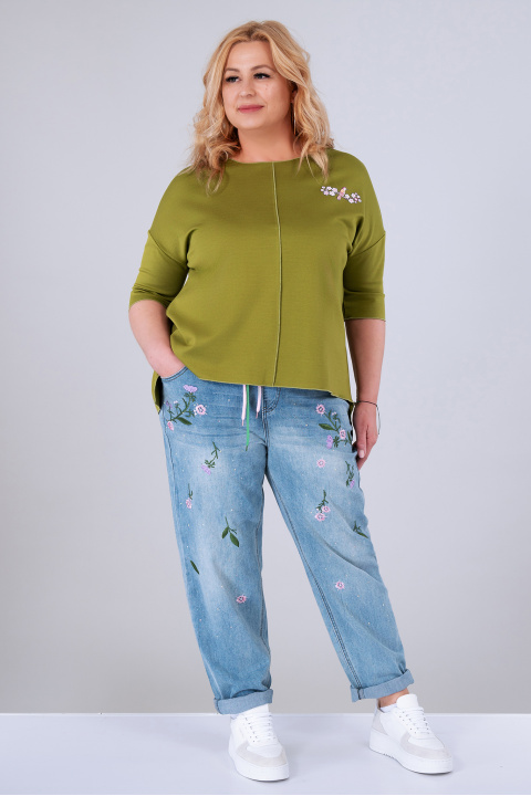 МАСКИ блуза от релефна материя в грахово зелено с щампа птичка на клонка