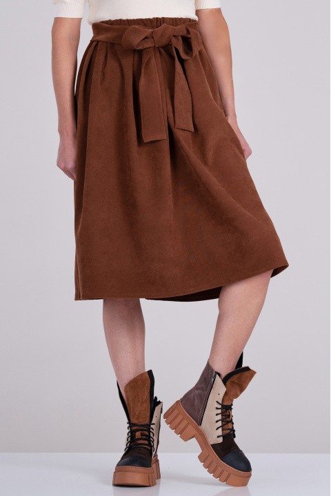 Миди кадифена пола в кафяво с ластик и колан в талията