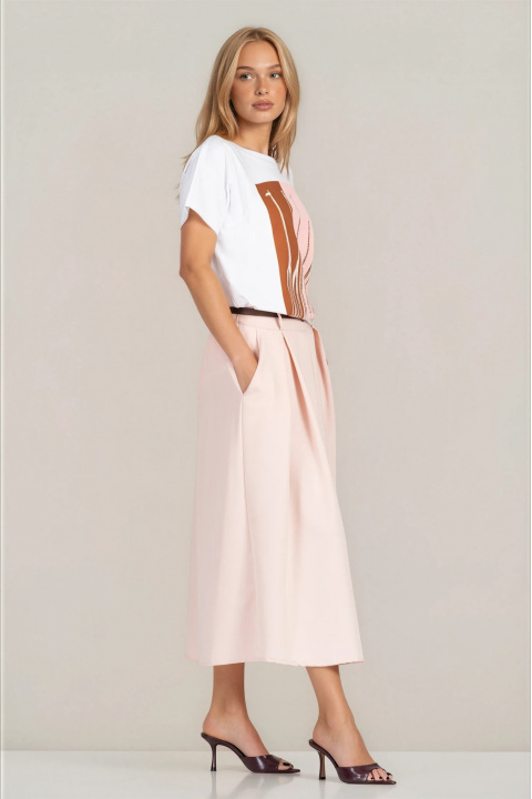 Миди пола в розово с ластична талия и колан