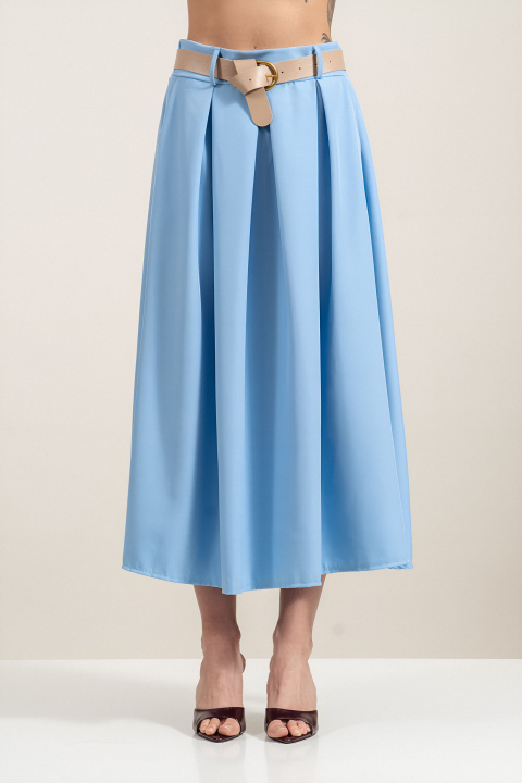 Миди пола в светлосиньо с висока талия и допълнителен колан