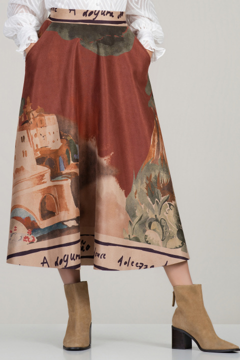 Модерна велурена пола в керемиден цвят с артистичен принт и ластик в талията