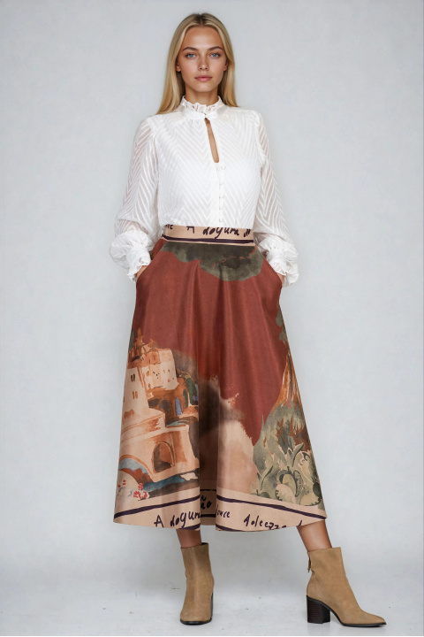 Модерна велурена пола в керемиден цвят с артистичен принт и ластик в талията