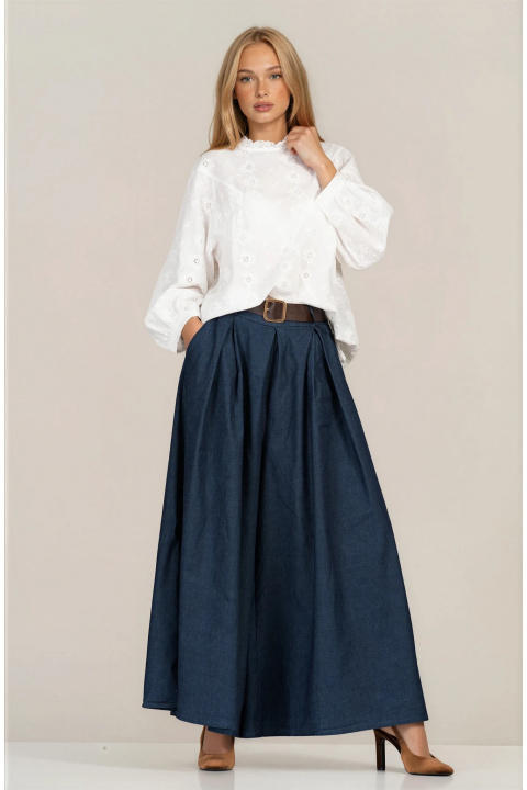 Пола-панталон от памучна материя в тъмносиньо с широк силует и колан