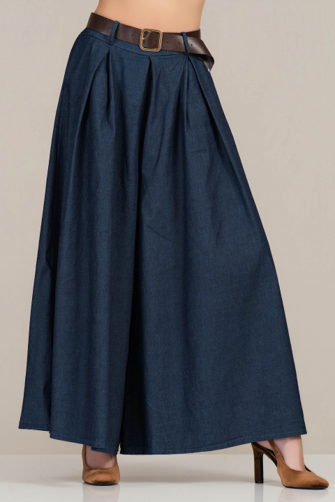 Пола-панталон от памучна материя в тъмносиньо с широк силует и колан