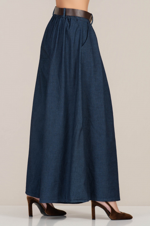 Пола-панталон от памучна материя в тъмносиньо с широк силует и колан