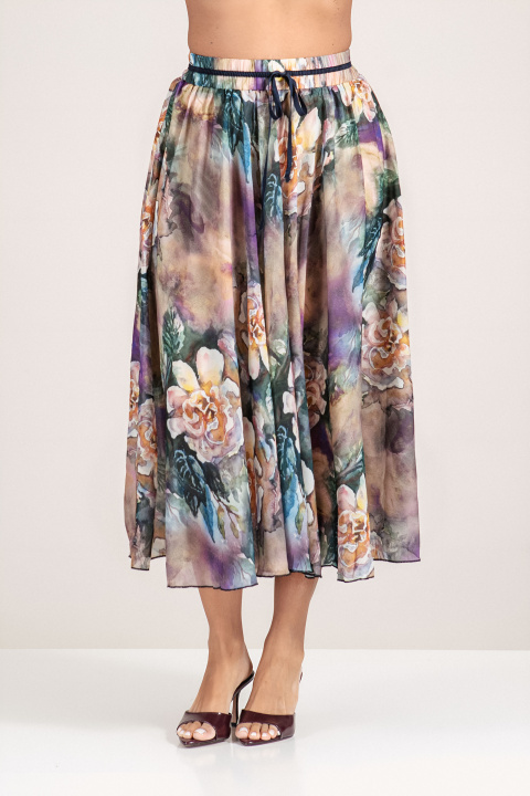 Пола с акварелен флорален принт в лилаво, зелено, бежово и жълто