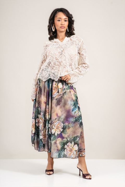 Пола с акварелен флорален принт в лилаво, зелено, бежово и жълто