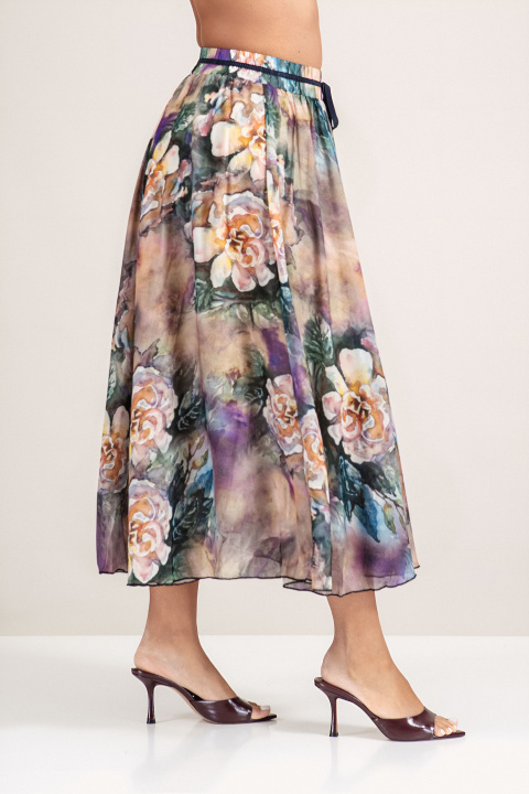 Пола с акварелен флорален принт в лилаво, зелено, бежово и жълто