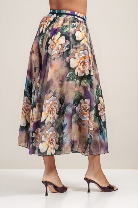 Пола с акварелен флорален принт в лилаво, зелено, бежово и жълто