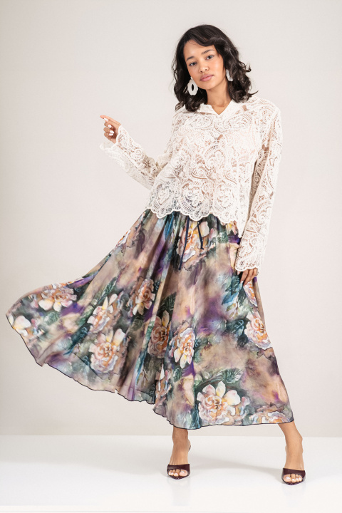 Пола с акварелен флорален принт в лилаво, зелено, бежово и жълто