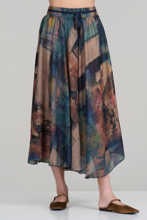 Пола с акварелен флорален принт в бежово, кафяво и тъмносиньо