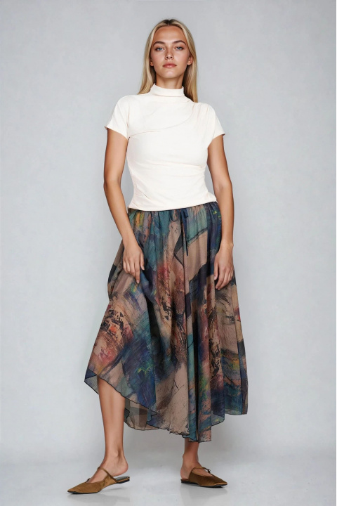 Пола с акварелен флорален принт в бежово, кафяво и тъмносиньо