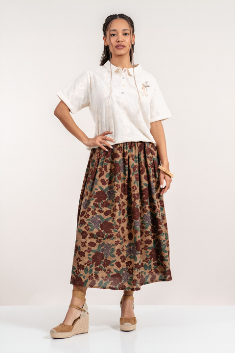 Пола в цвят тютюн с флорален принт и ластична талия