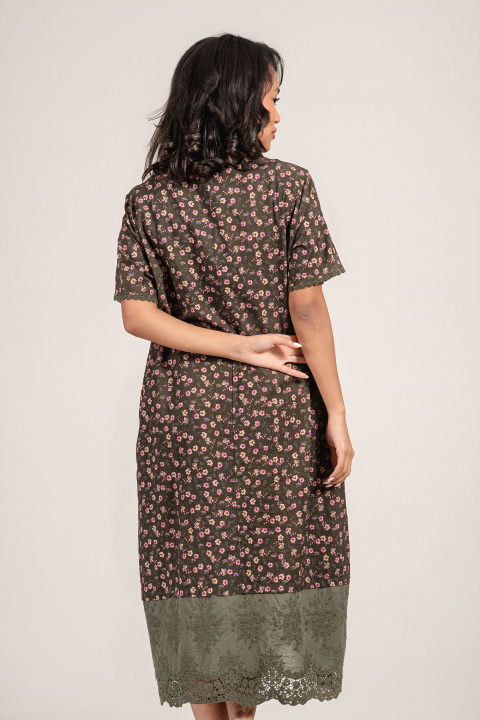 Рокля от памук със свободен силует в зелено с флорален принт