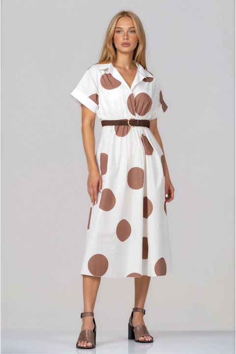 Рокля от памук в цвят екрю с кафяв принт на точки и колан на талията