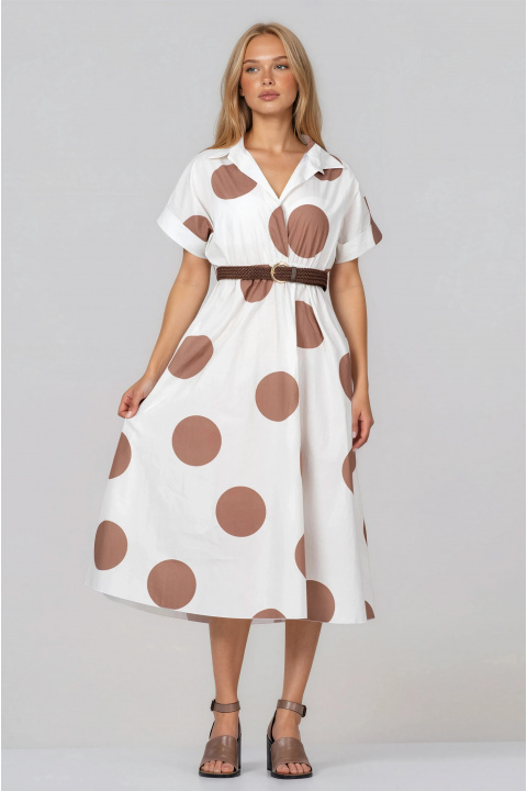 Рокля от памук в цвят екрю с кафяв принт на точки и колан на талията