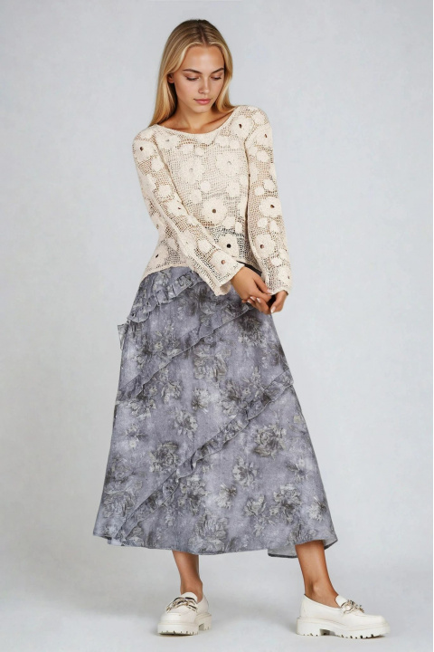 Сива миди пола с флорален принт и ефирни воали