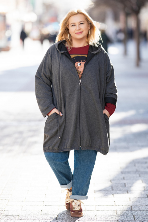 Макси суитшърт с цип в сиво с качулка и джобове