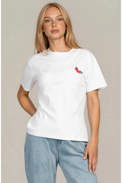 Дамска тениска от памук в бяло с обло деколте и бродерия конче