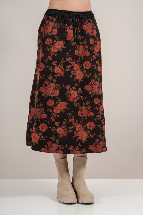 Ватирана дънкова пола в черно с флорален принт