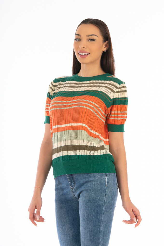 Дамска блуза от фино плетиво с райета в оранжево, зелено и бежово