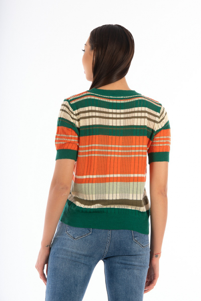Дамска блуза от фино плетиво с райета в оранжево, зелено и бежово
