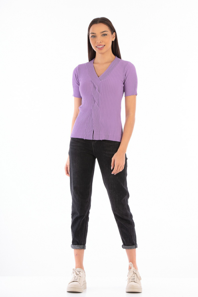 Дамска блуза от фино плетиво в лилаво с плитка в средата