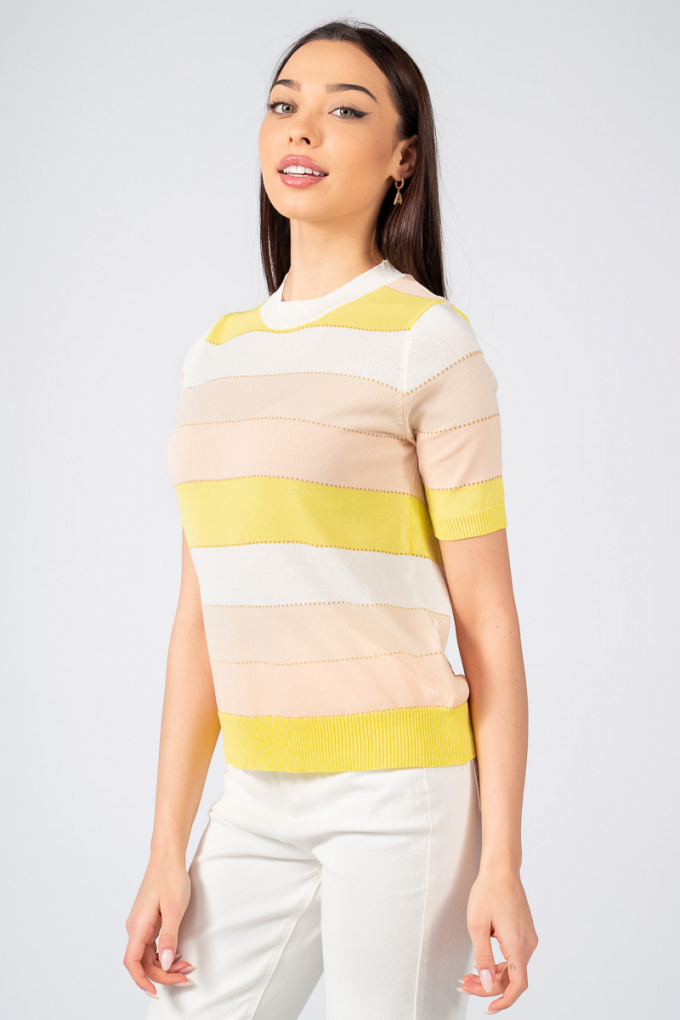 Дамска блуза с хоризонтални райета в бежово, розово и жълто