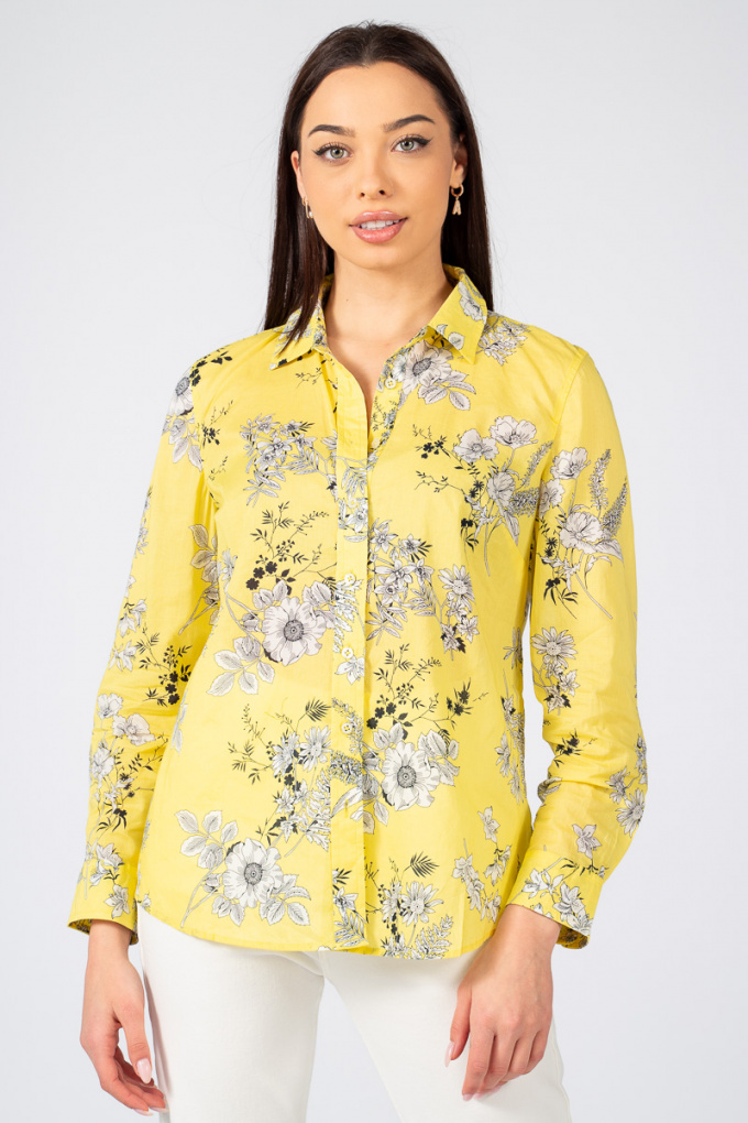 Дамска риза в жълто с принт бели цветя