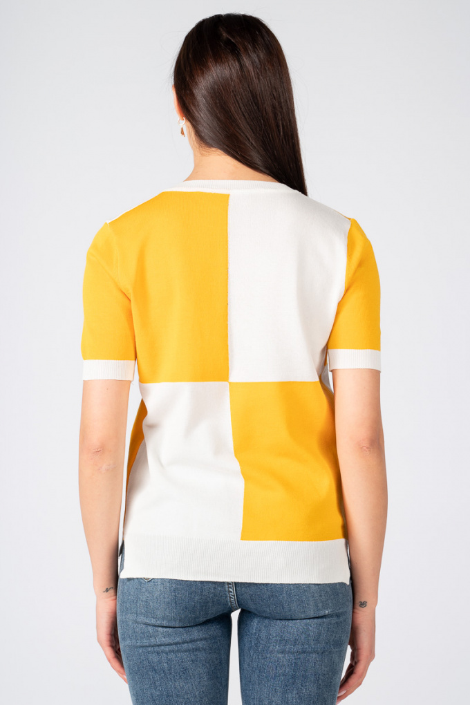 Дамска блуза с къс ръкав с принт жълти и бели квадрати