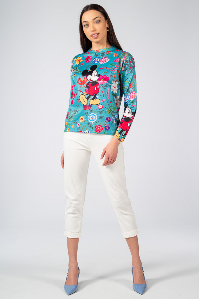 Дамска блуза от фино плетиво в цвят тюркоаз с принт цветя и Мики Маус