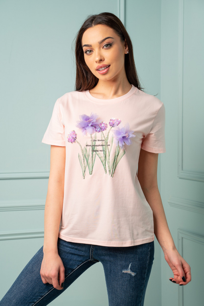 Дамска блуза в светлорозово с 3д цветя от лилав тюл и пайети