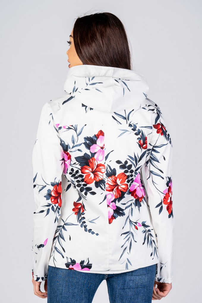 Дамско тънко яке от памук в бяло с принт розови и червени цветя