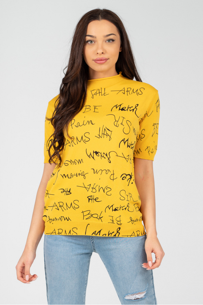 Дамска блуза в жълто с принт надписи