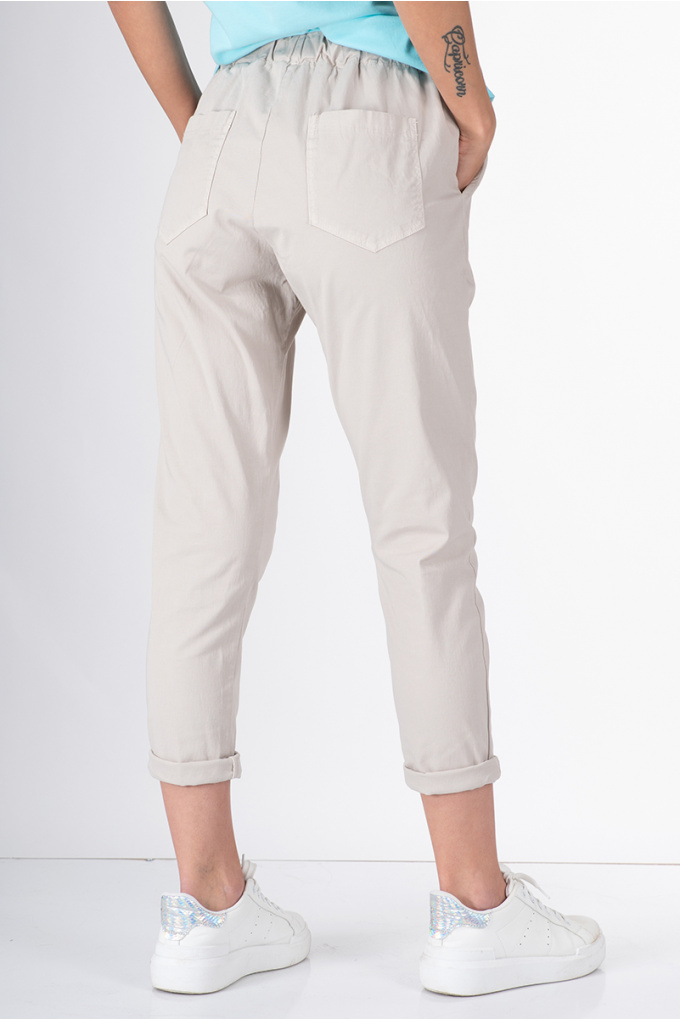 Дамски памучен панталон с връзка в бежов цвят